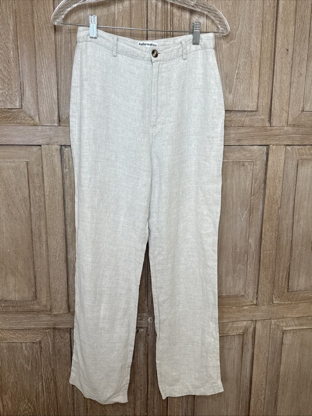 Reformation 100% Linen Straight Leg Trousers Beige Natural Size 2